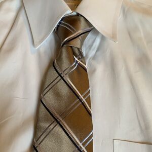 NWT Tommy Hilfiger- gold with blue and cream plaid pattern, 100% silk